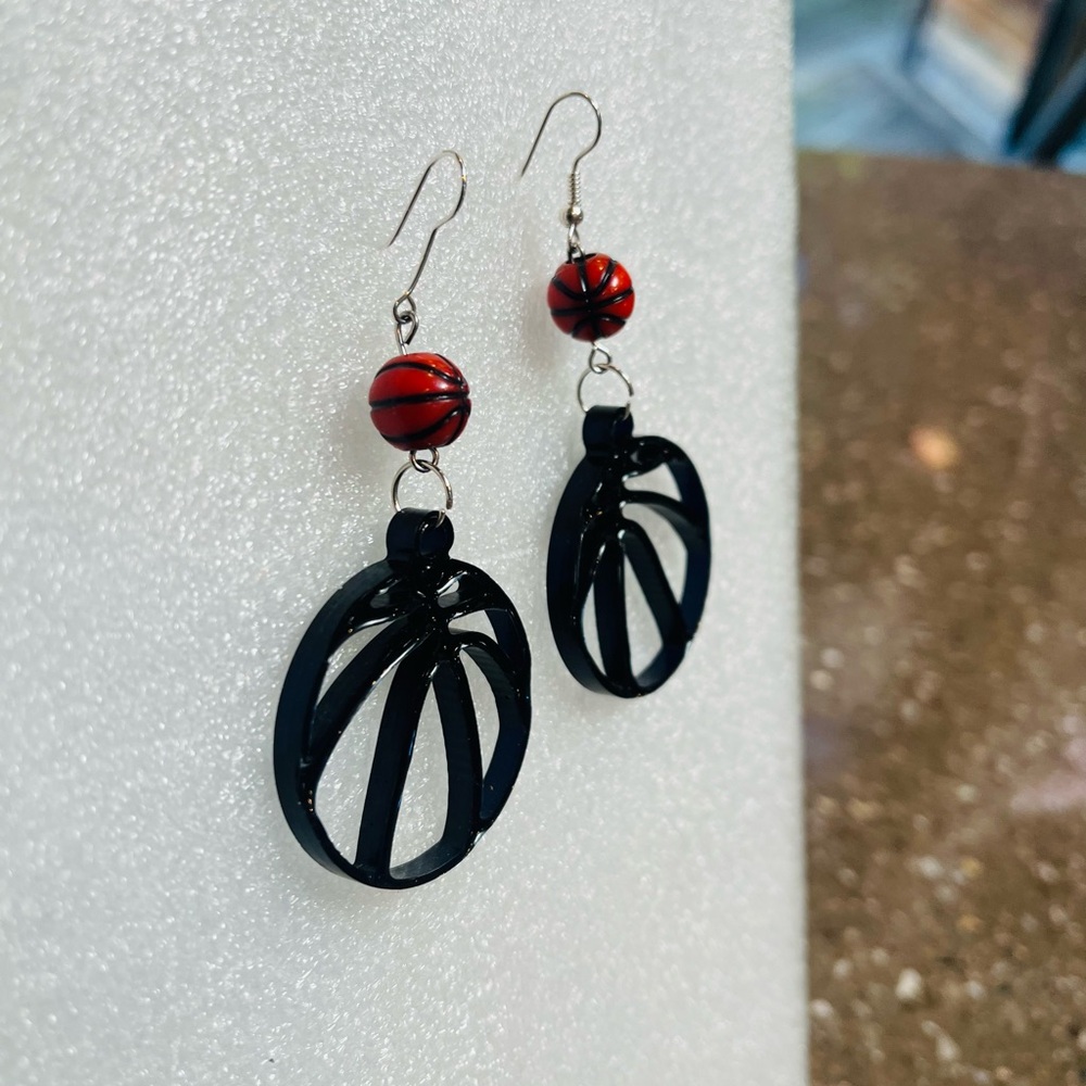 Black and Red Basketball Earrings - Picture 3 of 6
